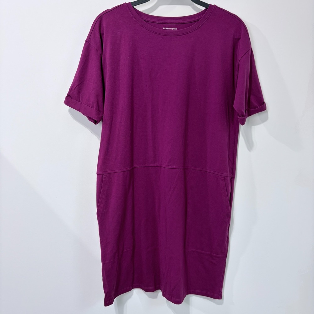 EILEEN FISHER Organic-Cotton Round-Neck T-Shirt Dress Purple Pockets Petite S